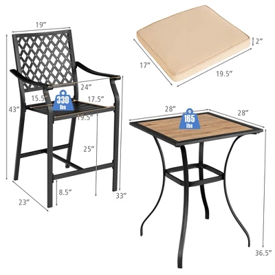 Costway 3 PCS Patio Bar Stool Square Table Bistro Set Cushioned Chairs Armrest 2 Costway 3 PCS Patio Bar Stool Square Table Bistro Set Cushioned Chairs Armrest - Image 2