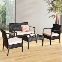 Costway 4PCS Patio Rattan Conversation Furniture Set Cushioned Seat Glass Table -Costway GUEST ce8a5058 b85c 4338 8fa5 279c9be94f07