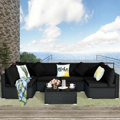 Costway 7PCS Patio Rattan Furniture Set Sectional Sofas Off White & Black Cushion Covers 3 Costway 7PCS Patio Rattan Furniture Set Sectional Sofas Off White & Black Cushion Covers - Image 3