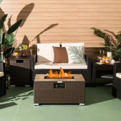 Costway 32''x 20'' Propane Rattan Fire Pit Table Set W/ Side Table Tank & Cover 40,000 BTU