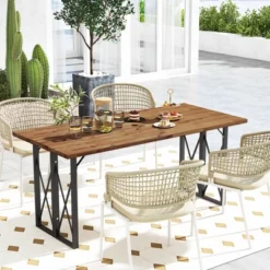 Costway 67'' Patio Rectangle Table Heavy-Duty Acacia Wood Dining Table With Umbrella Hole -Costway GUEST cf35e51e 1255 41e3 8574 e1a17ed84e0a