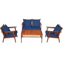 Costway 8PCS Patio Rattan Furniture Set Acacia Wood Frame Cushioned Sofa Chair RedNavy -Costway GUEST cf9d4e8e f573 4055 956a 5cc42821963a