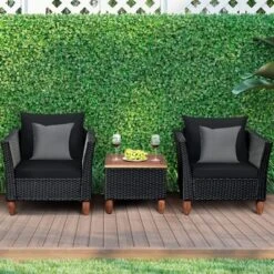 Costway 3 PCS Outdoor Patio Rattan Bistro Furniture Set Wooden Table Top Cushioned Sofa Black Brown -Costway GUEST cff48581 a56e 4d02 98f2 ba52112b5087