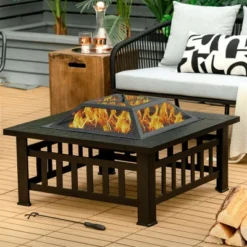 Costway 32'' 3 In 1 Outdoor Square Fire Pit Table W/ BBQ Grill, Rain Cover For Camping