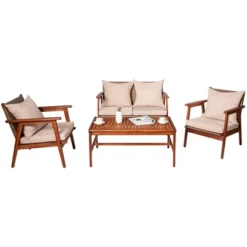 Costway 4PCS Patio Rattan Furniture Set Acacia Wood Frame Cushioned Sofa Chair Garden