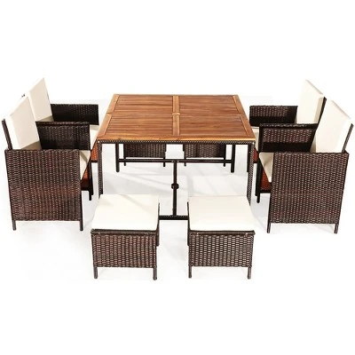 Costway 9PCS Acacia Wood Patio Rattan Dining Set Cushioned Chairs Ottoman 6 Costway 9PCS Acacia Wood Patio Rattan Dining Set Cushioned Chairs Ottoman - Image 6