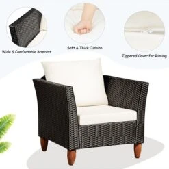 Costway 3 PCS Outdoor Patio Rattan Bistro Furniture Set Wooden Table Top Cushioned Sofa Black Brown -Costway GUEST d0e53645 14e2 446a aed1 737851646da6