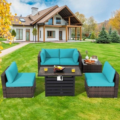 Costway 6PCS Patio Rattan Furniture Set 42'' Fire Pit Table Cover Sofa Cushion Off White/Black/Navy/Red/Turquoise 13 Costway 6PCS Patio Rattan Furniture Set 42'' Fire Pit Table Cover Sofa Cushion Off White/Black/Navy/Red/Turquoise - Image 13