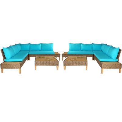 Costway 8PCS Patio Rattan Furniture Set Loveseat W/Wooden Side Table Cushioned Turquoise 6 Costway 8PCS Patio Rattan Furniture Set Loveseat W/Wooden Side Table Cushioned Turquoise - Image 6
