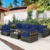 Costway 7PCS Patio Rattan Furniture Set Sectional Sofa Garden Navy Cushion