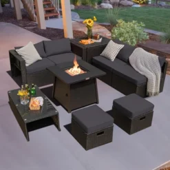 Costway 9PCS Patio Rattan Furniture Set Fire Pit Space-saving W/ Cushion Cover -Costway GUEST d25e1387 fe64 4e3b 8f06 a0fd0c862efc