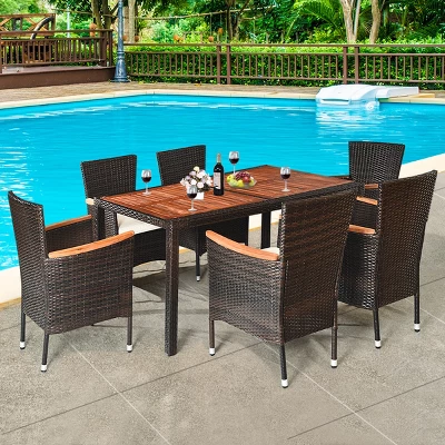 Costway 7PCS Patio Rattan Dining Set 6 Stackable Chairs Cushioned 2 Costway 7PCS Patio Rattan Dining Set 6 Stackable Chairs Cushioned - Image 2