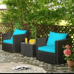 Costway 3PCS Patio Rattan Wicker Furniture Set Sofa Table W/Cushion Yard RedTurquoise NavyBlack