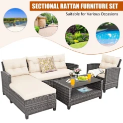 Costway 4PCS Patio Rattan Furniture Set Sofa Ottoman Cushion Garden Deck White/Gray -Costway GUEST d3950769 8181 4da3 8889 fdb7cfbc7509