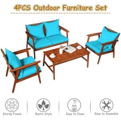 Costway 4PCS Patio Rattan Furniture Set Acacia Wood Frame Cushioned Sofa Chair Turquoise -Costway GUEST d3f73632 a5af 4dcd aedc 4cfc52e8bd1a 1