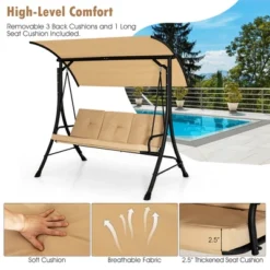 Costway 3-Seat Outdoor Porch Swing Adjustable Canopy Padded Cushions Steel Frame BeigeBlack -Costway GUEST d4a52791 5669 48fa a4ac c8091b4190b7