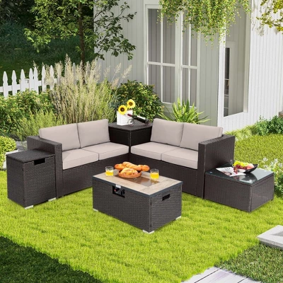 Costway 6PCS Patio Rattan Furniture Set 32'' Fire Pit Table Tank Holder With Cover Beige/Navy/Red/Turquoise 13 Costway 6PCS Patio Rattan Furniture Set 32'' Fire Pit Table Tank Holder With Cover Beige/Navy/Red/Turquoise - Image 13