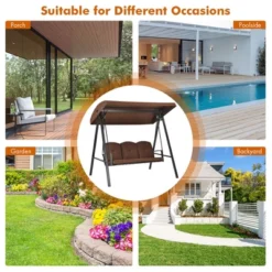 Costway Outdoor 3-Seat Porch Swing With Adjust Canopy And Cushions GrayBrown -Costway GUEST d6db886c 6829 416a b76d b3d218e7313c