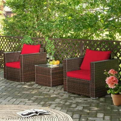 Costway 3PCS Patio Rattan Furniture Set Conversation Sofa Cushioned TurquoiseRed 3 Costway 3PCS Patio Rattan Furniture Set Conversation Sofa Cushioned TurquoiseRed - Image 3