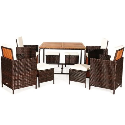 Costway 9PCS Acacia Wood Patio Rattan Dining Set Cushioned Chairs Ottoman 7 Costway 9PCS Acacia Wood Patio Rattan Dining Set Cushioned Chairs Ottoman - Image 7
