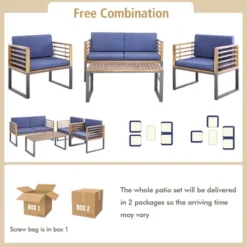 Costway 4pcs Patio Acacia Wood Chair Table Loveseat Cushioned Furniture Set Outdoor Navy -Costway GUEST d753f8b6 4f6e 4dad a559 065390e9ca61