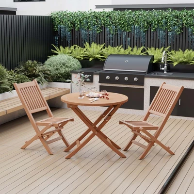 Costway 3pcs Patio Outdoor Teak Wood Bistro Dining Set Folding Chair & Table Slatted 2 Costway 3pcs Patio Outdoor Teak Wood Bistro Dining Set Folding Chair & Table Slatted - Image 2