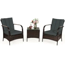 Costway 3 PCS Patio Rattan Furniture Set Coffee Table & 2 Rattan Chair W/Gray Cushions