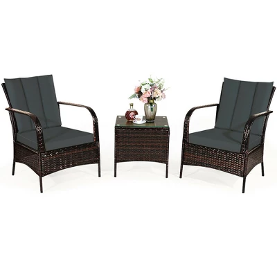 Costway 3 PCS Patio Rattan Furniture Set Coffee Table & 2 Rattan Chair W/Gray Cushions 1 Costway 3 PCS Patio Rattan Furniture Set Coffee Table & 2 Rattan Chair W/Gray Cushions