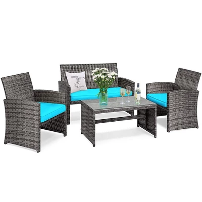 Costway 4PCS Patio Rattan Furniture Set Conversation Glass Table Top Cushioned 2 Costway 4PCS Patio Rattan Furniture Set Conversation Glass Table Top Cushioned - Image 2
