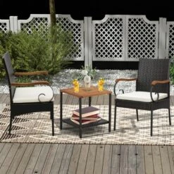 Costway Patio PE Wicker Chairs Acacia Wood Armrests With Soft Zippered Cushion Garden