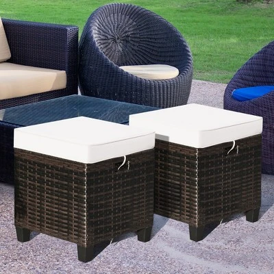 Costway 2PCS Patio Rattan Ottoman Cushioned Seat Beige 2 Costway 2PCS Patio Rattan Ottoman Cushioned Seat Beige - Image 2