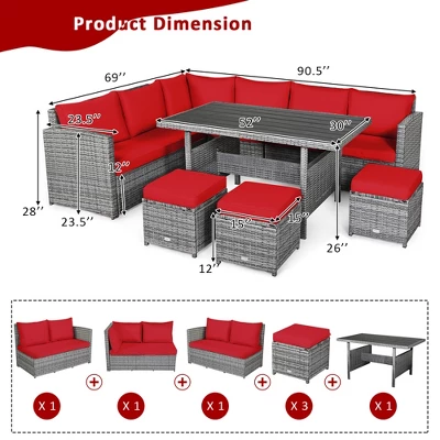 Costway 7 PCS Patio Rattan Dining Set Sectional Sofa Couch Ottoman Garden WhiteRedBlack 7 Costway 7 PCS Patio Rattan Dining Set Sectional Sofa Couch Ottoman Garden WhiteRedBlack - Image 7