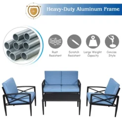 Costway 4PCS Patio Furniture Set Aluminum Frame Cushioned Sofa Chair Coffee Table Blue -Costway GUEST db96af0a d286 4716 8792 ef77547d24c9
