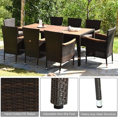 Costway 9PCS Patio Rattan Dining Set 8 Chairs Cushioned Acacia Table Top 5 Costway 9PCS Patio Rattan Dining Set 8 Chairs Cushioned Acacia Table Top - Image 5