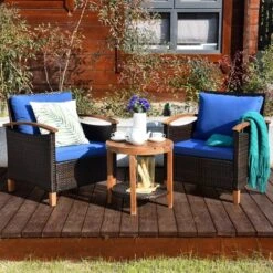 Costway 3PCS Patio Rattan Furniture Set Wooden Frame Cushion Table Shelf RedBeigeBlue -Costway GUEST dbd1d562 85db 4ea4 a888 6ad008e95343
