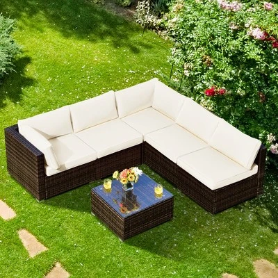Costway 6PCS Patio Rattan Furniture Set Cushioned Sofa Coffee Table Garden 10 Costway 6PCS Patio Rattan Furniture Set Cushioned Sofa Coffee Table Garden - Image 10