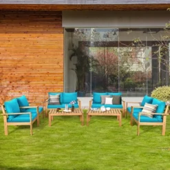Costway 8PCS Patio Furniture Set Acacia Wood Thick Cushion Loveseat Sofa Off WhiteTurquoiseGrey -Costway GUEST dd04260e be81 43b5 aed6 50e160fd7d12