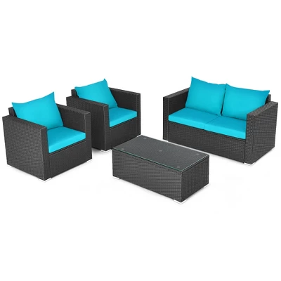 Costway 4PCS Patio Rattan Cushioned Sofa Chair Coffee Table Turquoise 9 Costway 4PCS Patio Rattan Cushioned Sofa Chair Coffee Table Turquoise - Image 9
