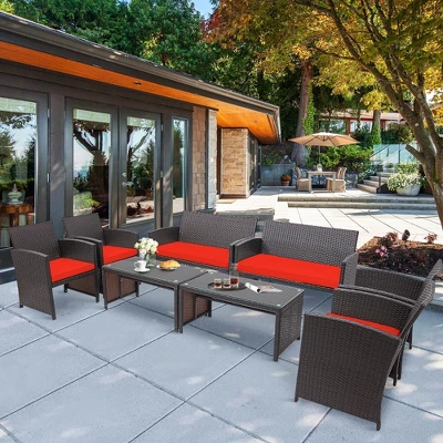 Costway 8PCS Patio Rattan Furniture Set Cushioned Chair Sofa Coffee Table WhiteNavyTurquoiseRed 9 Costway 8PCS Patio Rattan Furniture Set Cushioned Chair Sofa Coffee Table WhiteNavyTurquoiseRed - Image 9