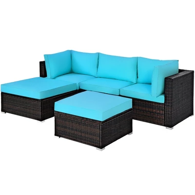 Costway 5PCS Patio Rattan Sectional Conversation Set Ottoman Turquoise 1 Costway 5PCS Patio Rattan Sectional Conversation Set Ottoman Turquoise