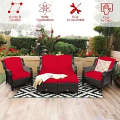 Costway 5PCS Patio Rattan Furniture Set Loveseat Sofa Ottoman W/RedWhite Cushion -Costway GUEST df2ceb41 5018 4b29 a682 69d918832890