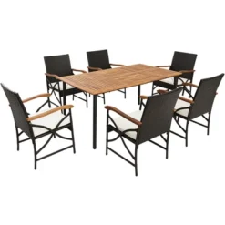 Costway 7PCS Patio Wicker Dining Set Cushion Acacia Wood Armrests Table With Umbrella Hole -Costway GUEST df7fb7fd 74c1 449b 9832 34e91b7ef920