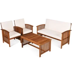 Costway 4PCS Patio Solid Wood Furniture Set Conversation Coffee Table W/White Cushion -Costway GUEST df8c7726 8fee 421c 87fe 97f7f25c9217