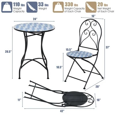 Costway 3PCS Patio Bistro Furniture Set Folding Chair Mosaic Design Garden Blue 2 Costway 3PCS Patio Bistro Furniture Set Folding Chair Mosaic Design Garden Blue - Image 2