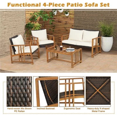 Costway 4PCS Patio Mix Brown Wicker Sofa Set Acacia Wood Frame With Seat & Back Cushions 7 Costway 4PCS Patio Mix Brown Wicker Sofa Set Acacia Wood Frame With Seat & Back Cushions - Image 7
