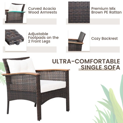 Costway 3PCS Patio Rattan Furniture Set Acacia Wood Table Top W/Shelf Cushioned 4 Costway 3PCS Patio Rattan Furniture Set Acacia Wood Table Top W/Shelf Cushioned - Image 4