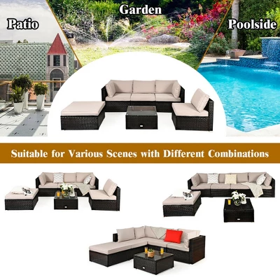 Costway 6PCS Outdoor Patio Rattan Furniture Set Cushioned Sectional Sofa Table Ottoman 5 Costway 6PCS Outdoor Patio Rattan Furniture Set Cushioned Sectional Sofa Table Ottoman - Image 5