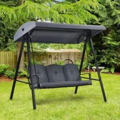 Costway Outdoor 3-Seat Porch Swing With Adjust Canopy And Cushions GrayBrown -Costway GUEST e1529f2a a4c9 41e6 86fe cd2ad8cca213