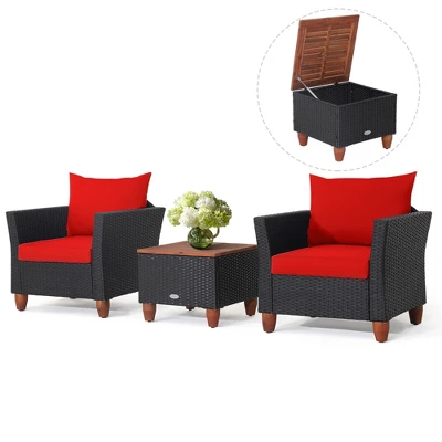 Costway 3PCS Patio Rattan Furniture Set Cushioned Sofa Storage Table With Wood Top Red/Black 9 Costway 3PCS Patio Rattan Furniture Set Cushioned Sofa Storage Table With Wood Top Red/Black - Image 9