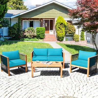 Costway 4PCS Wooden Patio Furniture Set Cushioned Sofa W/Rope Armrest WhiteTurquoiseRed 10 Costway 4PCS Wooden Patio Furniture Set Cushioned Sofa W/Rope Armrest WhiteTurquoiseRed - Image 10